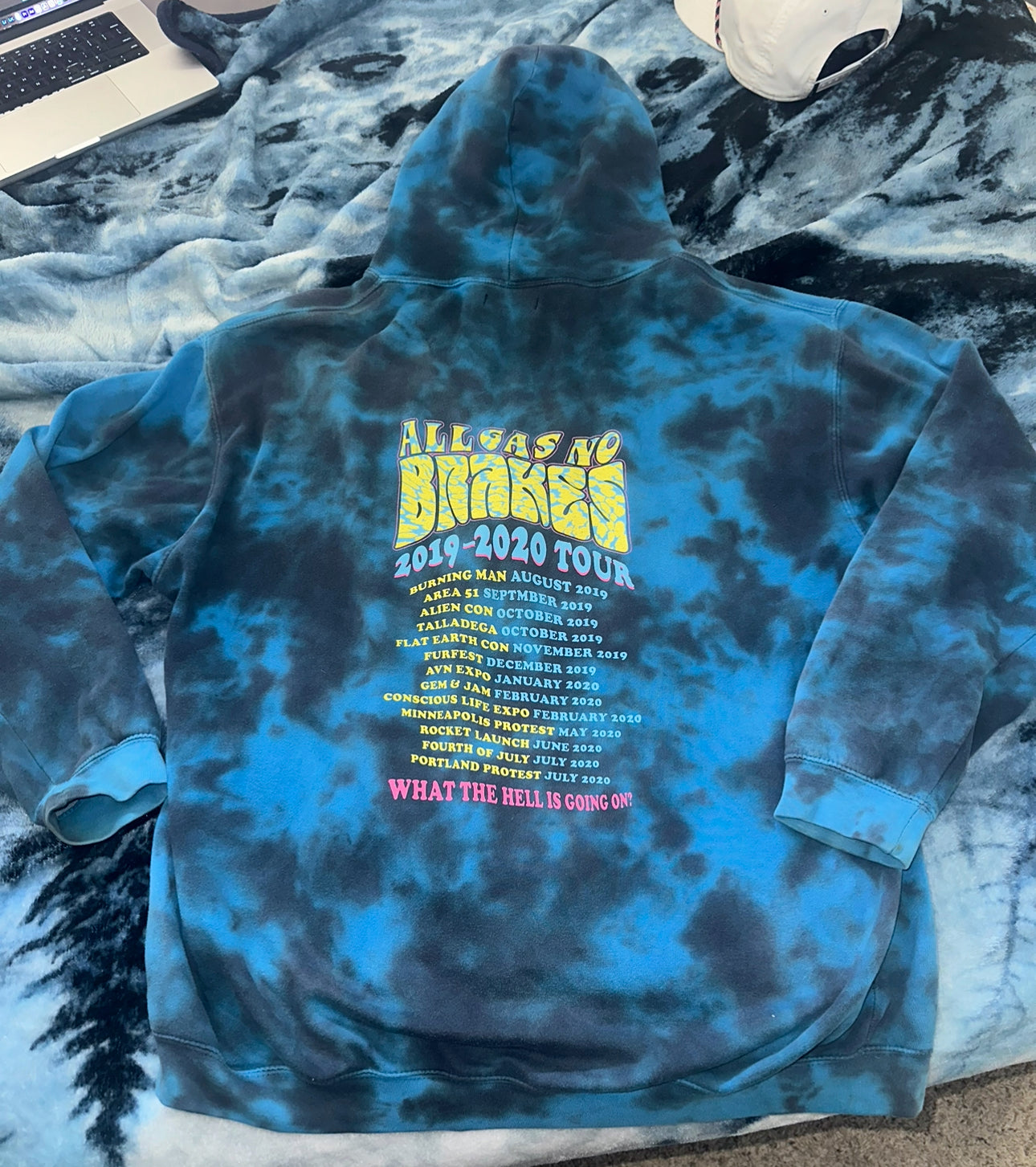 Unique Blue Tie Dye "All Gas No Brakes" Hoodie - As Worn by Chris Baird in Randonautica Videos with Jasko